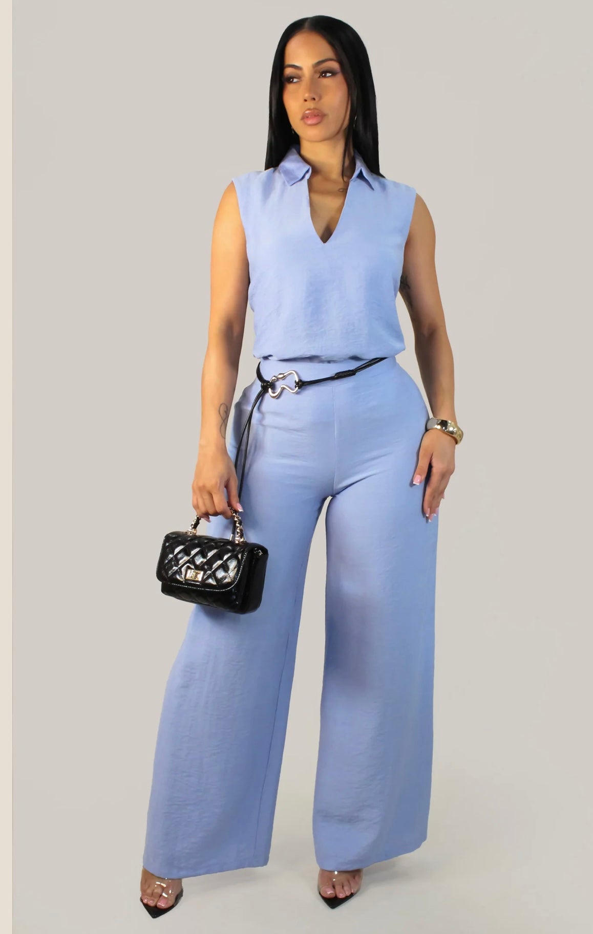 Blue V-Neck Jumpsuit