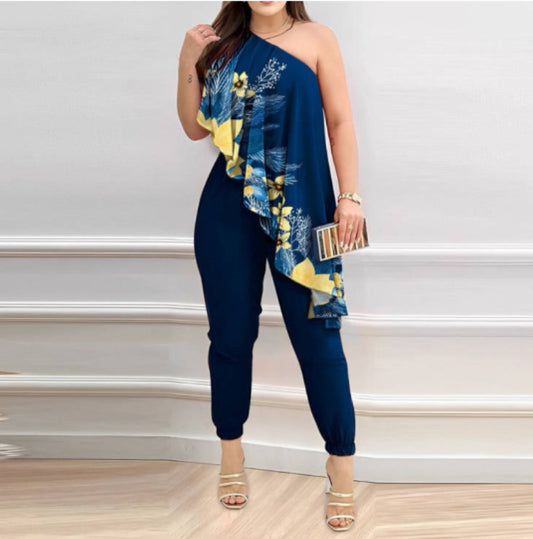 Off Shoulder Blue Jumpsuit